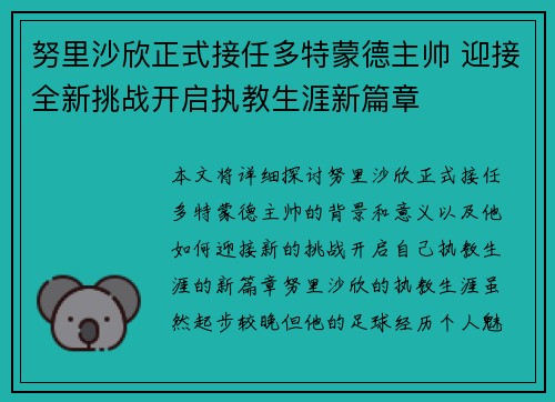 努里沙欣正式接任多特蒙德主帅 迎接全新挑战开启执教生涯新篇章 努里沙欣正式接任多特蒙德主帅 迎接全新挑战开启执教生涯新篇章