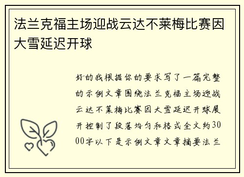 法兰克福主场迎战云达不莱梅比赛因大雪延迟开球